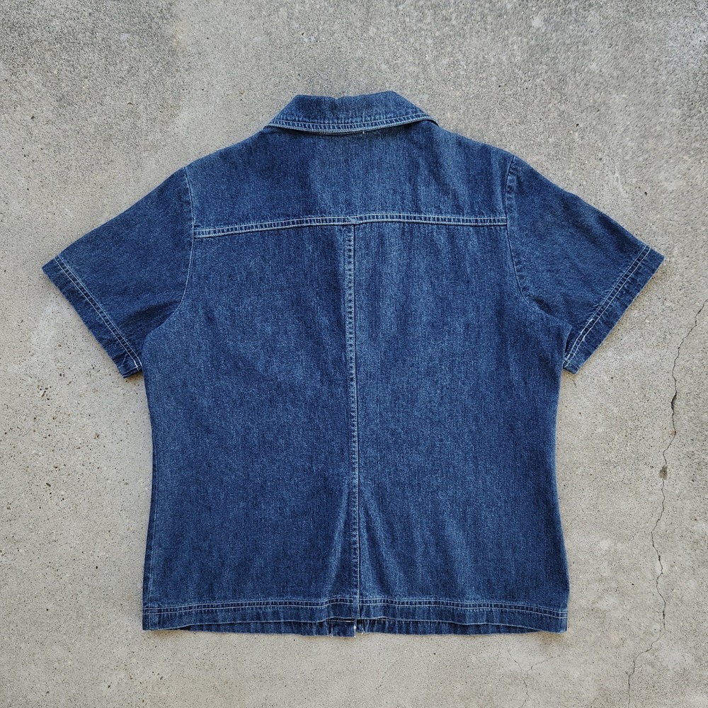 90s Cottagecore Denim Shirt Size XL Embroidered Short Sleeve Grandma Garden - Picture 2 of 10